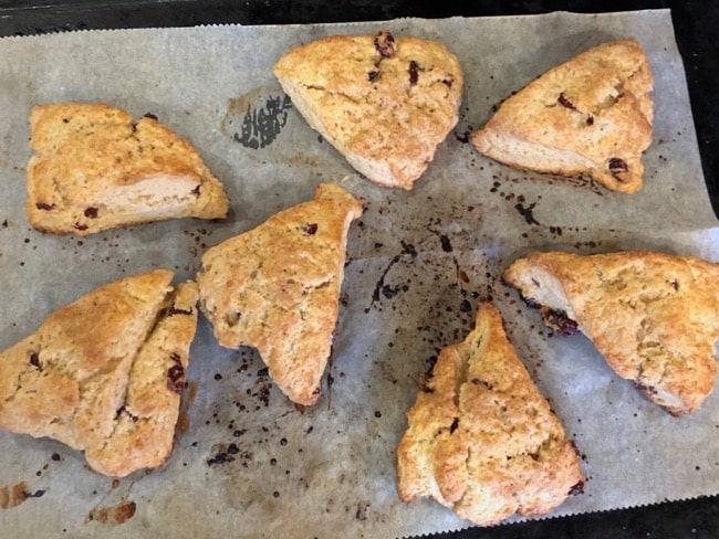 baked cranberry scones on sheet pan