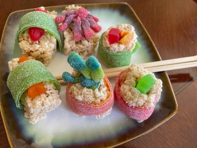 close up of candy sushi rice crispies