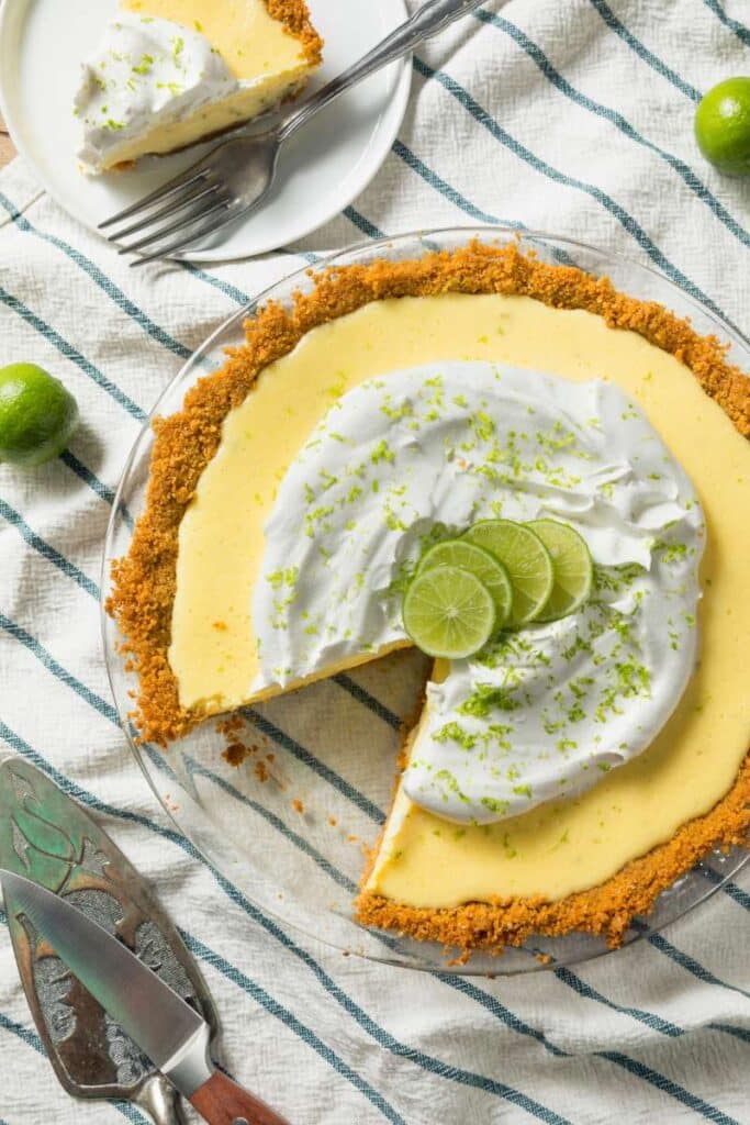 low fat key lime pie with slice cut out