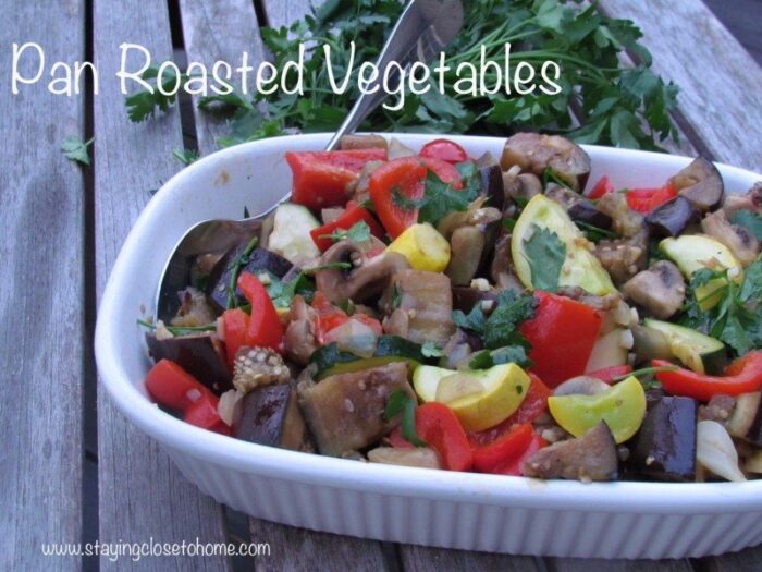 vegetarian recipe of pan roasted veggies in white dish
