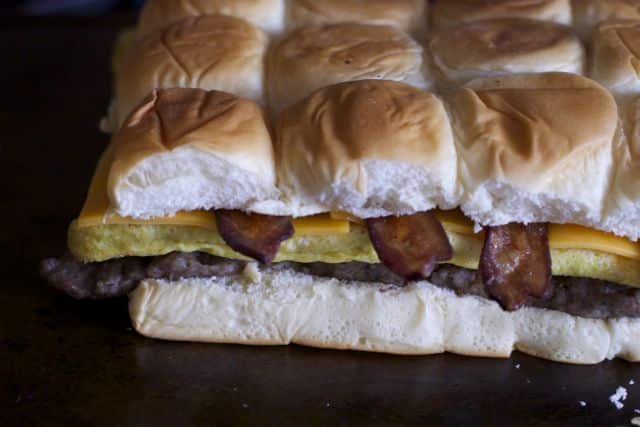 Bacon sausage breakfast sliders are the perfect solution to brunch or hungry kids.