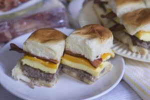 Bacon sausage breakfast sliders are the perfect solution to brunch or hungry kids.