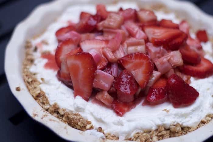 Strawberry Rhubarb Pretzel Pie Recipe- Make ahead Dessert for crowd