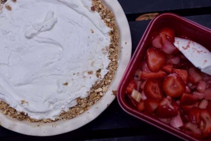 Strawberry Rhubarb Pretzel Pie Recipe- Make ahead Dessert