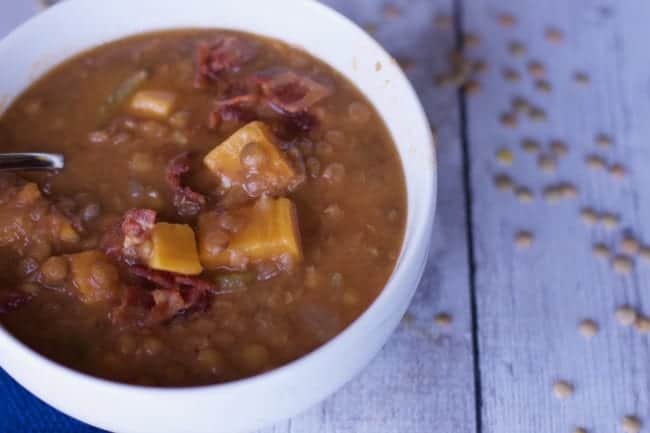 Instant Pot Lentil soup with sweet potatoes and Bacon