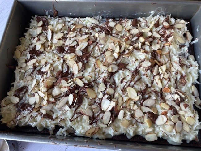 long shot of almond joy brownies from box mix