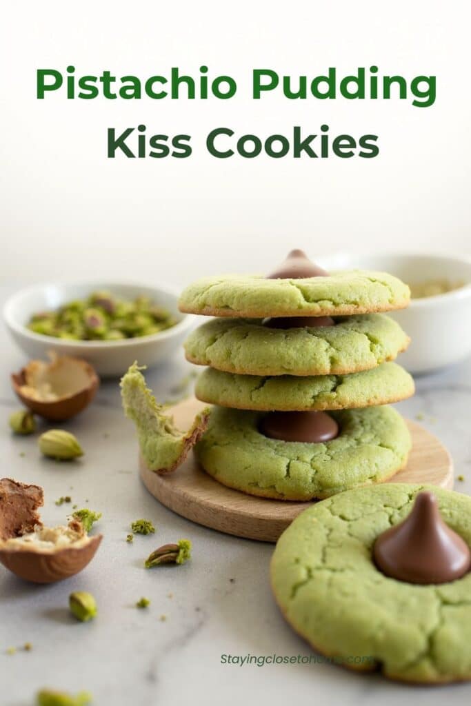 Soft and chewy Pistachio Pudding Kiss Cookies made with instant pudding mix and topped with chocolate kisses, perfect for holiday baking.